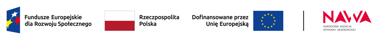 Cztery logotypy - od lewej Fundusze Europejskie dla Rozwoju Społecznego, następnie flaga RP, flaga Uni Europejskiej oraz z prawej logotyp Narodowej Agencji Wymiany Akademickiej