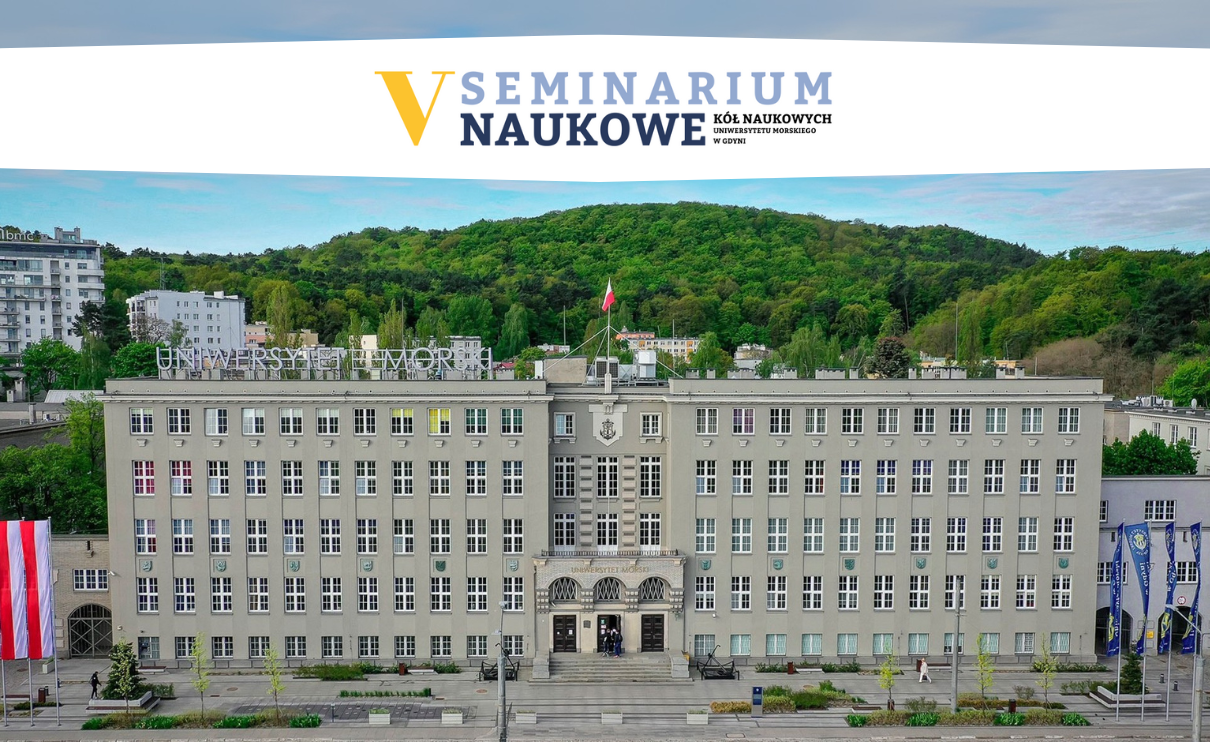 Plansza ze zdjęciem budynku UMG i hasłem V seminarium k&oacute;ł naukowych UMG