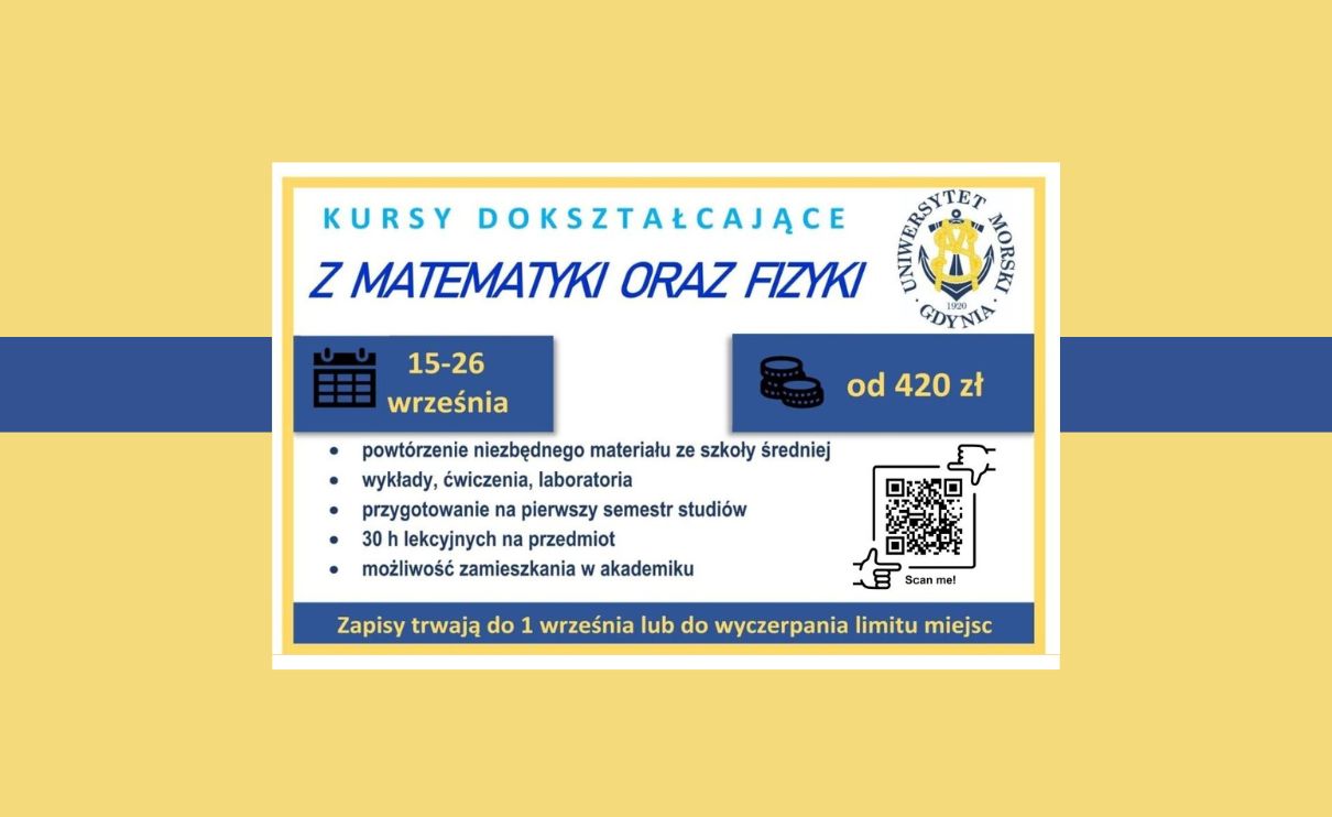 Plansza z ogłoszeniem na kursy doszkalające z fizyki i matematyki