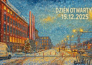 Grafika na Dzień Otwarty 2025 - ośnieżony budynek UMG