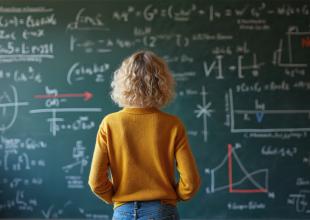 Kobieta stoi przed tablicą zapisaną wzorami matematycznymi