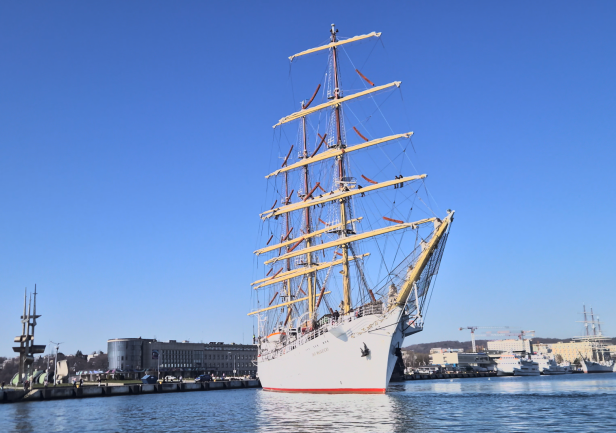 Dar Młodzieży wpływający do portu w Gdyni 