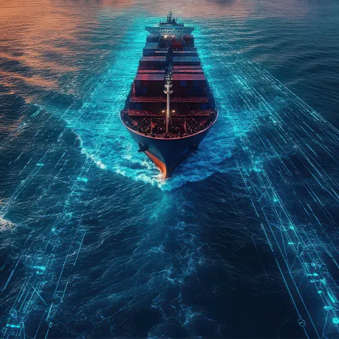 Statek kontenerowy na morzu z cyfrowymi wizualizacjami danych